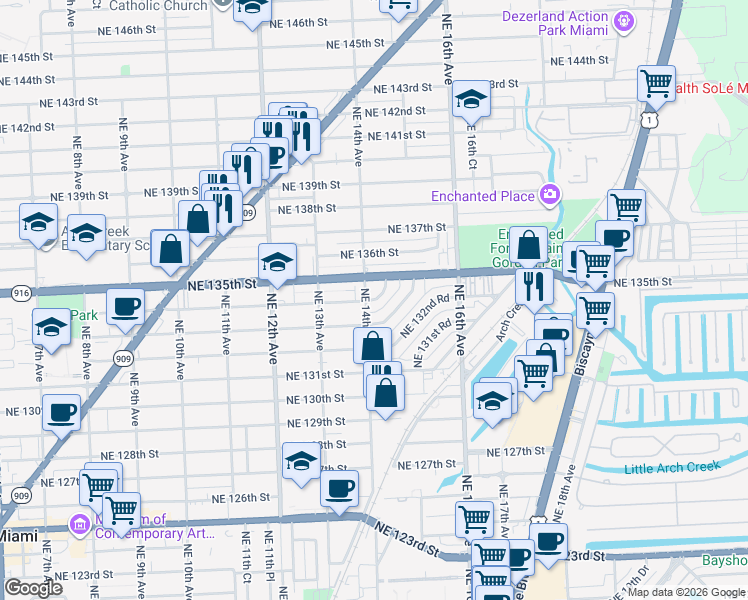 map of restaurants, bars, coffee shops, grocery stores, and more near 13381 Northeast 14th Avenue in North Miami