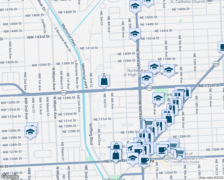 map of restaurants, bars, coffee shops, grocery stores, and more near 390 Florida 916 in North Miami