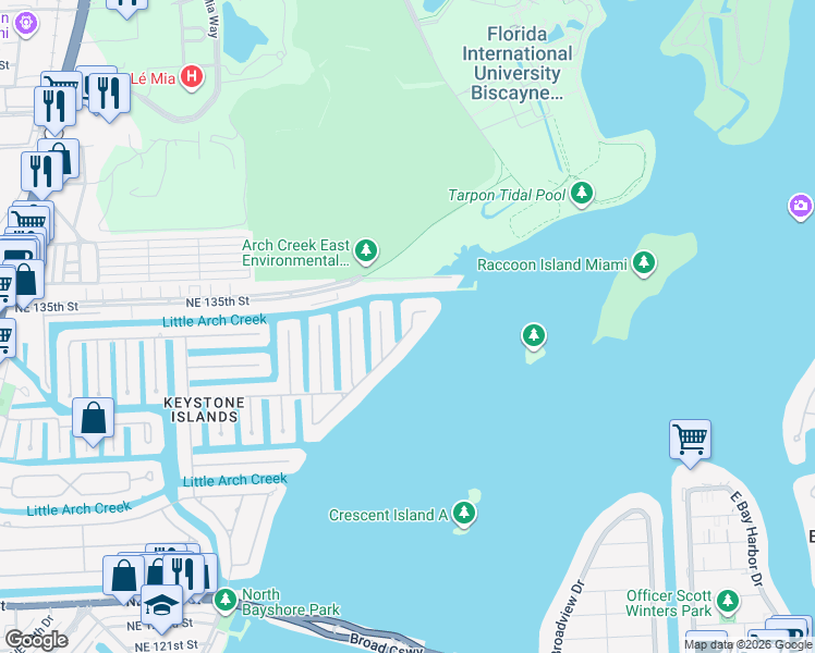 map of restaurants, bars, coffee shops, grocery stores, and more near 13200 Biscayne Bay Drive in North Miami