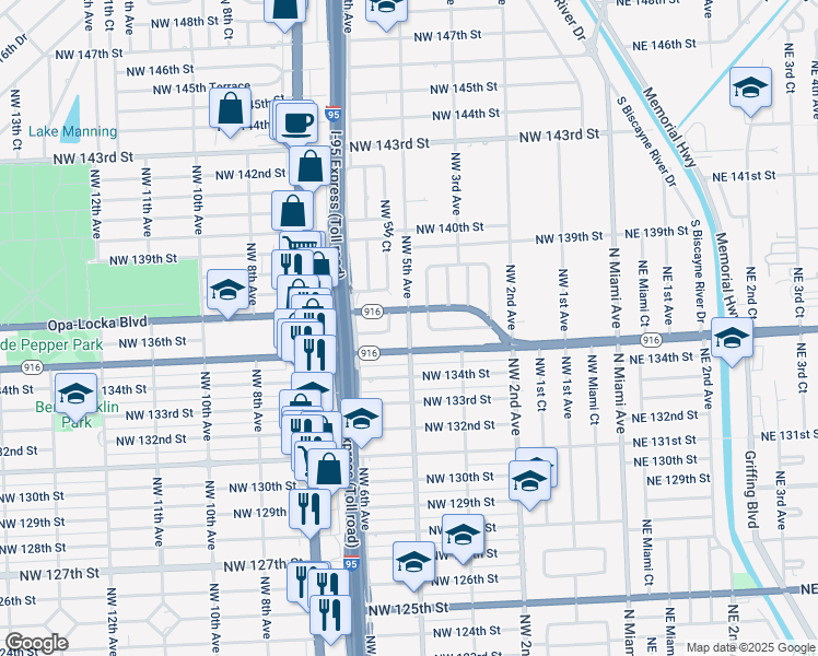 map of restaurants, bars, coffee shops, grocery stores, and more near 520 Northwest 136th Street in North Miami