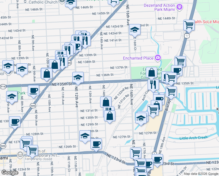 map of restaurants, bars, coffee shops, grocery stores, and more near 13381 Northeast 14th Avenue in North Miami