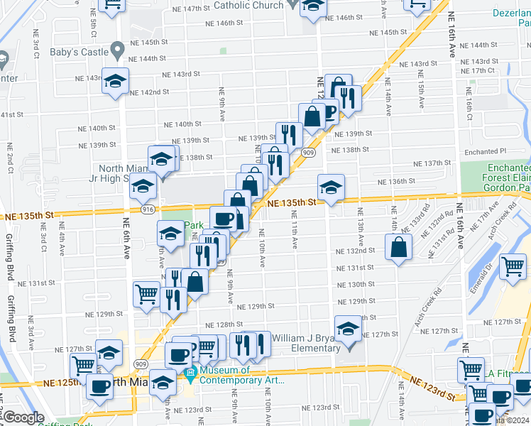 map of restaurants, bars, coffee shops, grocery stores, and more near 1035 Northeast 134th Street in North Miami
