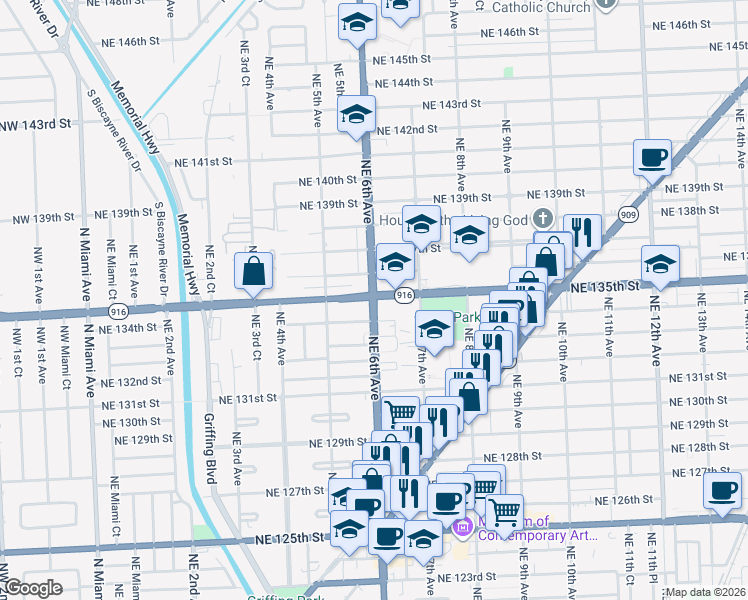 map of restaurants, bars, coffee shops, grocery stores, and more near in North Miami