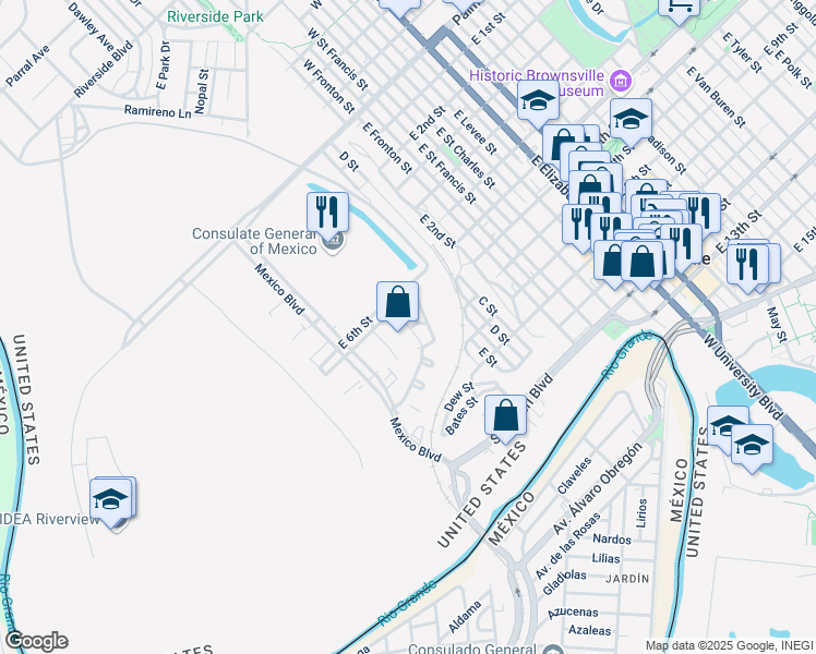 map of restaurants, bars, coffee shops, grocery stores, and more near 260 Calle Amistosa in Brownsville