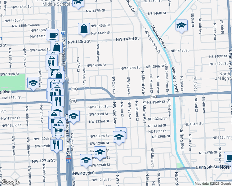 map of restaurants, bars, coffee shops, grocery stores, and more near 13540 Northwest 2nd Avenue in North Miami