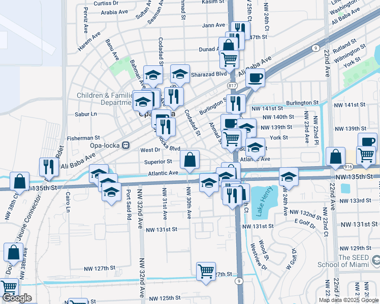 map of restaurants, bars, coffee shops, grocery stores, and more near 1031 Superior Street in Opa-locka