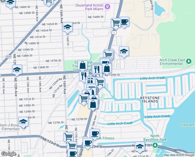 map of restaurants, bars, coffee shops, grocery stores, and more near 13404 Biscayne Boulevard in North Miami