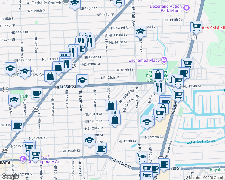map of restaurants, bars, coffee shops, grocery stores, and more near 13381 Northeast 14th Avenue in North Miami