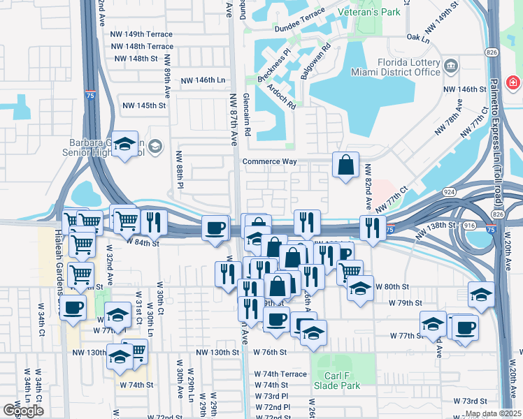 map of restaurants, bars, coffee shops, grocery stores, and more near 8450 Northwest 138th Terrace in Miami Lakes