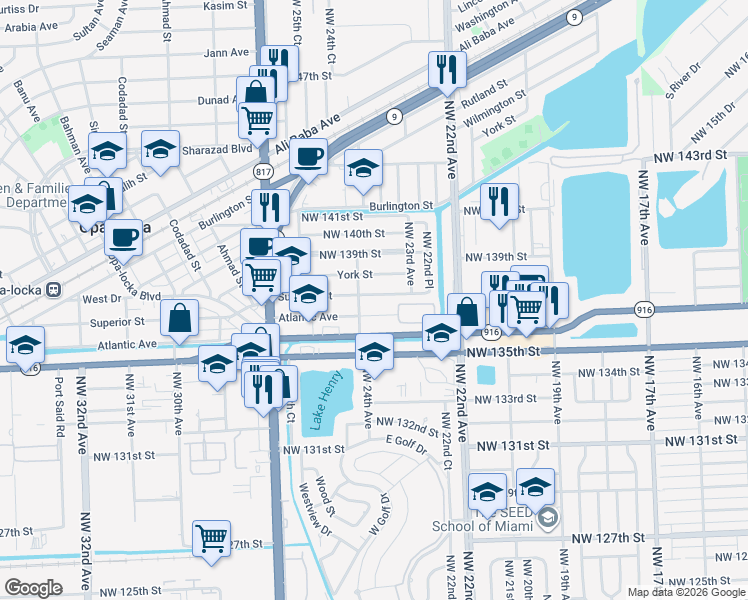 map of restaurants, bars, coffee shops, grocery stores, and more near 2329 Northwest 136th Street in Opa-locka