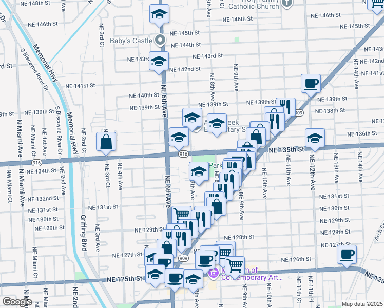 map of restaurants, bars, coffee shops, grocery stores, and more near 650 Northeast 135th Street in North Miami