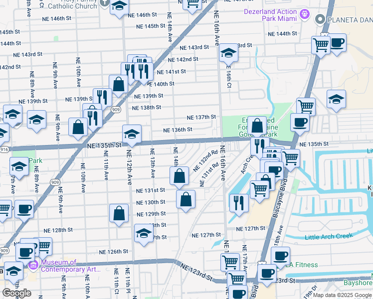 map of restaurants, bars, coffee shops, grocery stores, and more near 13381 Northeast 14th Avenue in North Miami