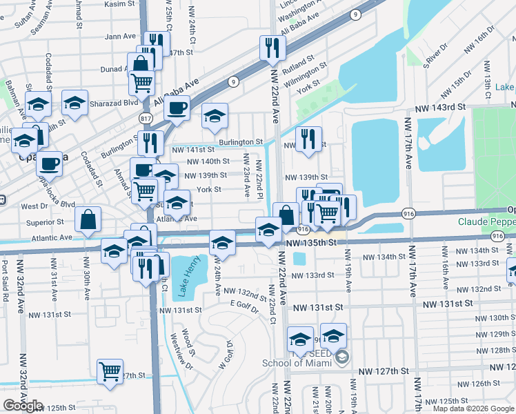 map of restaurants, bars, coffee shops, grocery stores, and more near 2261 Northwest 136th Terrace in Opa-locka
