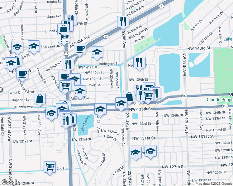 map of restaurants, bars, coffee shops, grocery stores, and more near 2211 Northwest 135th Terrace in Opa-locka