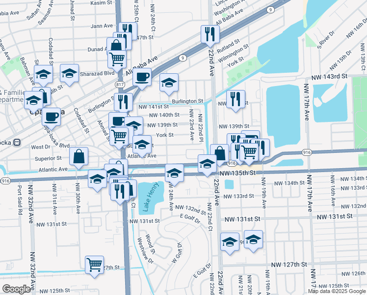 map of restaurants, bars, coffee shops, grocery stores, and more near 2298 Northwest 136th Terrace in Opa-locka