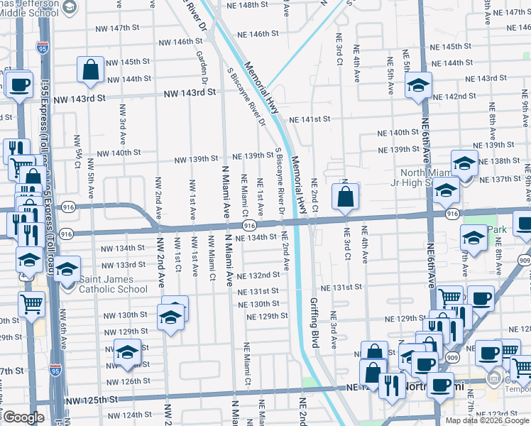 map of restaurants, bars, coffee shops, grocery stores, and more near 13521 Northeast 1st Avenue in Miami