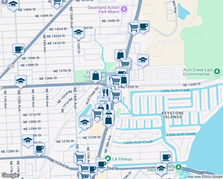 map of restaurants, bars, coffee shops, grocery stores, and more near 13404 Biscayne Boulevard in North Miami