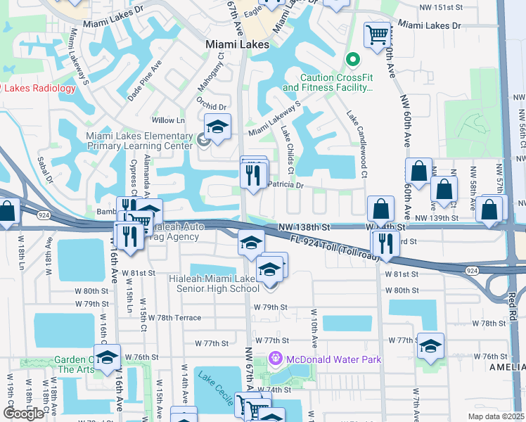 map of restaurants, bars, coffee shops, grocery stores, and more near 13900 Lake Placid Court in Miami Lakes