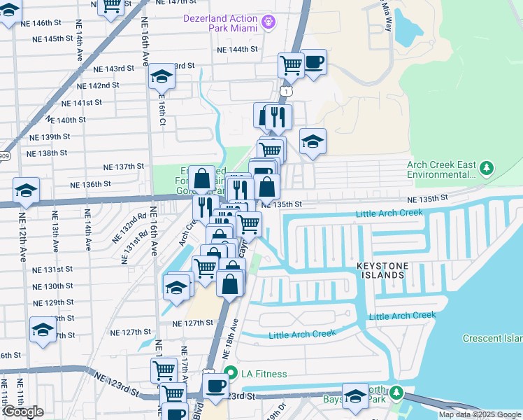 map of restaurants, bars, coffee shops, grocery stores, and more near in North Miami