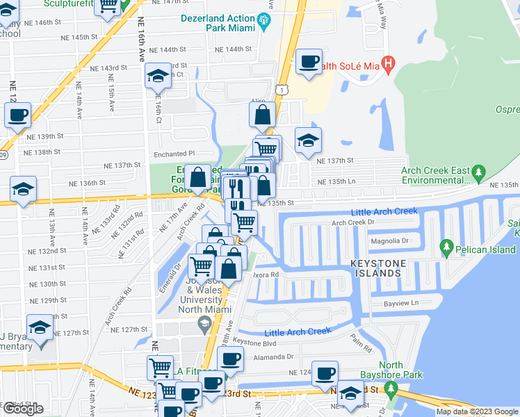 map of restaurants, bars, coffee shops, grocery stores, and more near in North Miami