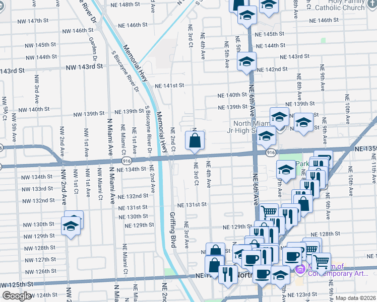 map of restaurants, bars, coffee shops, grocery stores, and more near 280 Northeast 135th Street in North Miami