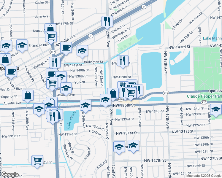 map of restaurants, bars, coffee shops, grocery stores, and more near 2153 Opa-Locka Boulevard in Opa-locka
