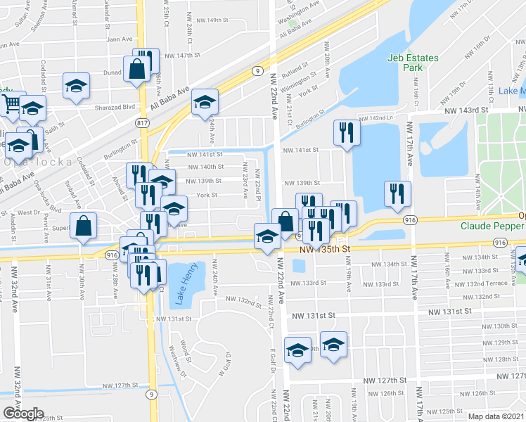 map of restaurants, bars, coffee shops, grocery stores, and more near 2211 Northwest 135th Terrace in Opa-locka