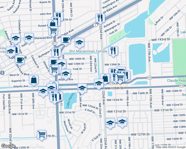 map of restaurants, bars, coffee shops, grocery stores, and more near 2298 Northwest 136th Terrace in Opa-locka