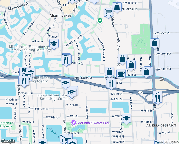 map of restaurants, bars, coffee shops, grocery stores, and more near 13992 Northwest 139th Street in Miami Lakes