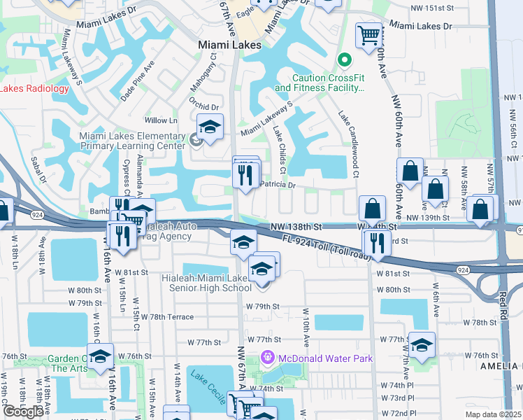 map of restaurants, bars, coffee shops, grocery stores, and more near 13900 Lake Placid Court in Miami Lakes