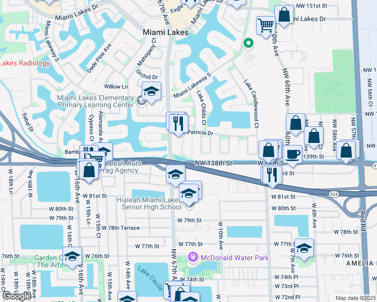 map of restaurants, bars, coffee shops, grocery stores, and more near 13900 Lake Placid Court in Miami Lakes