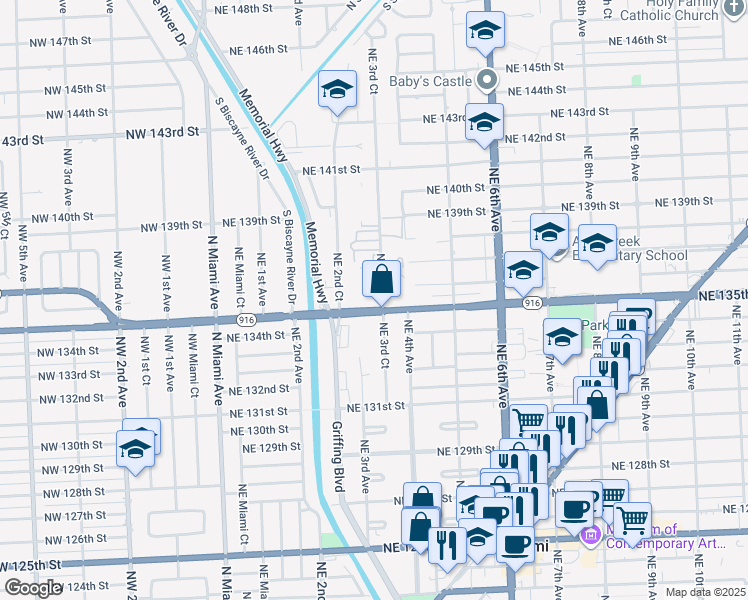 map of restaurants, bars, coffee shops, grocery stores, and more near 280 Northeast 135th Street in North Miami