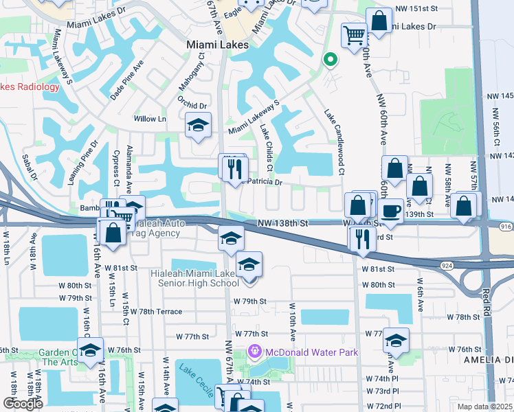map of restaurants, bars, coffee shops, grocery stores, and more near 13984 Lake Lure Court in Miami Lakes