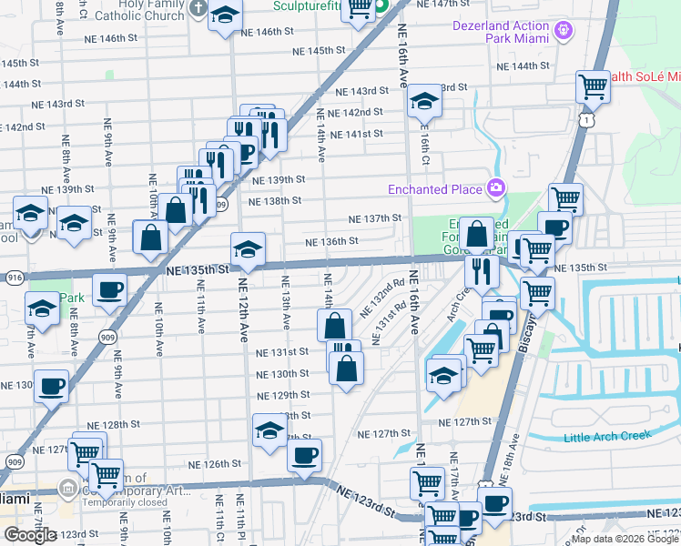 map of restaurants, bars, coffee shops, grocery stores, and more near 13381 Northeast 14th Avenue in North Miami