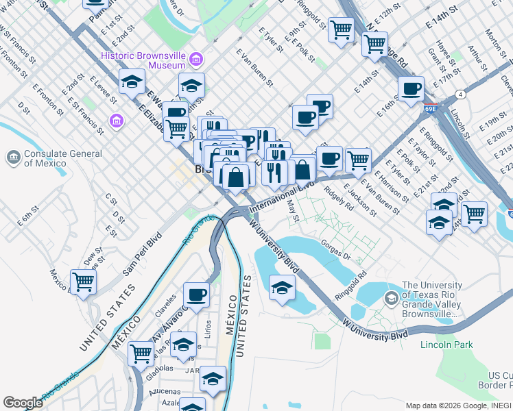 map of restaurants, bars, coffee shops, grocery stores, and more near 605 International Boulevard in Brownsville