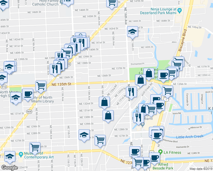 map of restaurants, bars, coffee shops, grocery stores, and more near 13381 Northeast 14th Avenue in North Miami