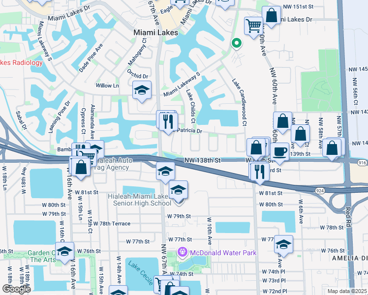 map of restaurants, bars, coffee shops, grocery stores, and more near 13984 Lake Lure Court in Miami Lakes