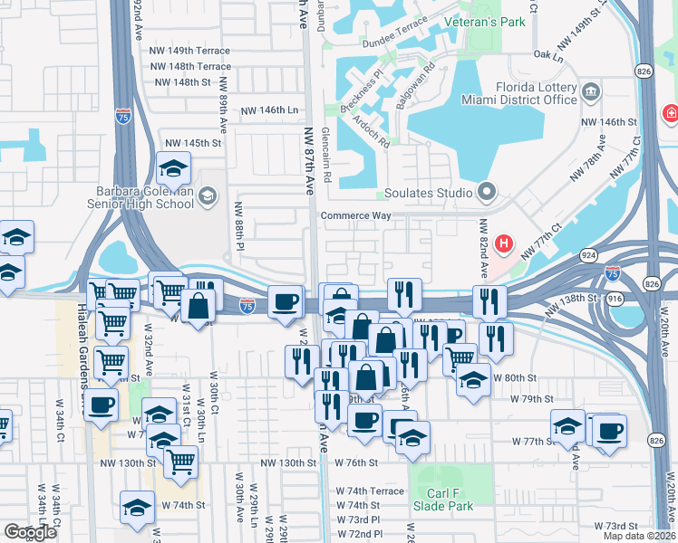 map of restaurants, bars, coffee shops, grocery stores, and more near 8551 Northwest 138th Street in Hialeah