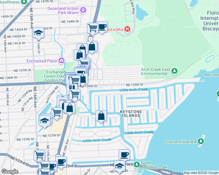 map of restaurants, bars, coffee shops, grocery stores, and more near 2105 Arch Creek Drive in North Miami