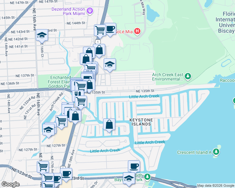 map of restaurants, bars, coffee shops, grocery stores, and more near 2105 Arch Creek Drive in North Miami