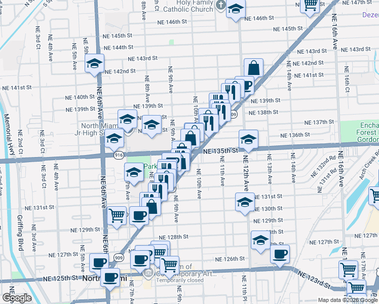 map of restaurants, bars, coffee shops, grocery stores, and more near 13385 West Dixie Highway in North Miami