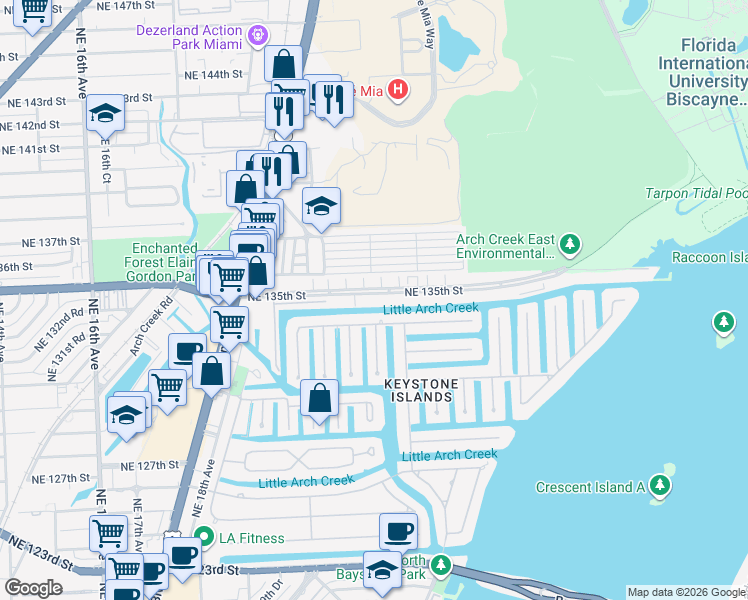 map of restaurants, bars, coffee shops, grocery stores, and more near 13505 Northeast 23rd Court in North Miami
