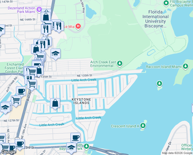map of restaurants, bars, coffee shops, grocery stores, and more near 2485 Northeast 135th Street in North Miami