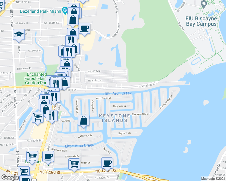 map of restaurants, bars, coffee shops, grocery stores, and more near 13506 Northeast 24th Court in North Miami