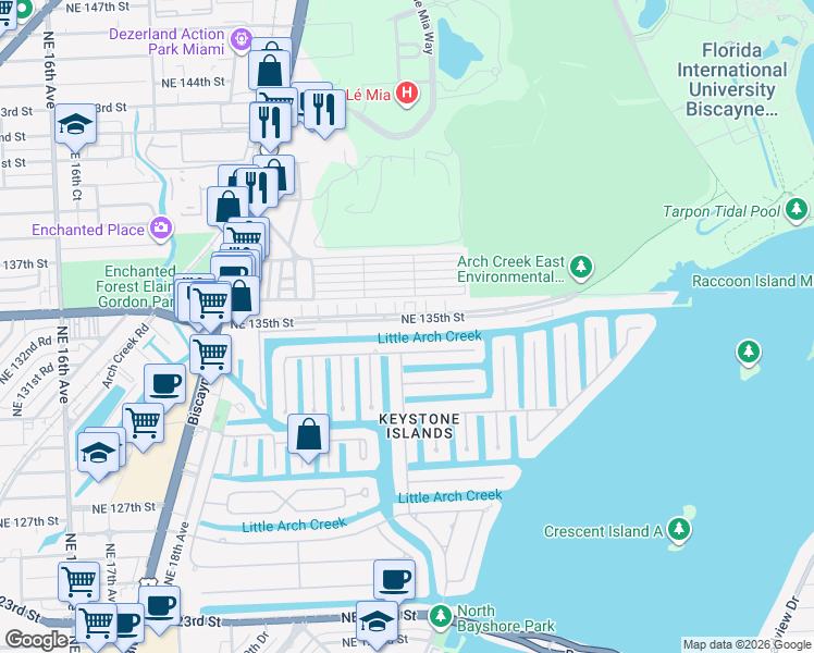 map of restaurants, bars, coffee shops, grocery stores, and more near 13506 Northeast 24th Court in North Miami