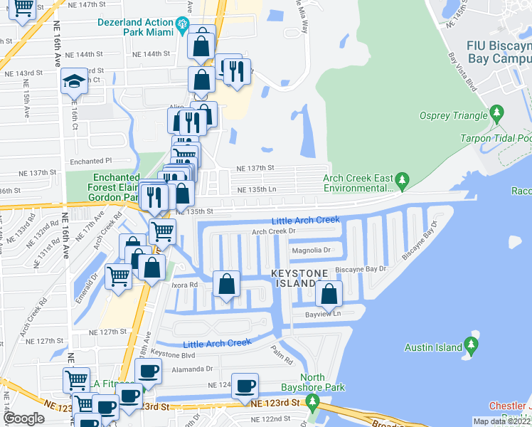 map of restaurants, bars, coffee shops, grocery stores, and more near 13505 Northeast 23rd Court in North Miami