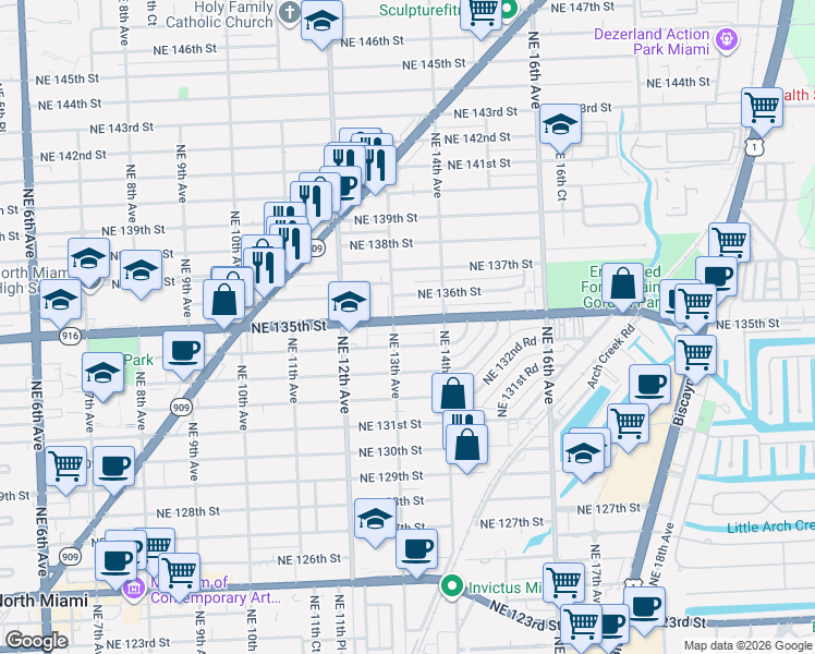 map of restaurants, bars, coffee shops, grocery stores, and more near 1335 Northeast 135th Street in North Miami