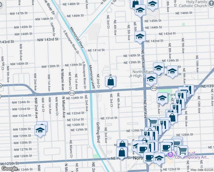 map of restaurants, bars, coffee shops, grocery stores, and more near 13650 Northeast 3rd Court in North Miami