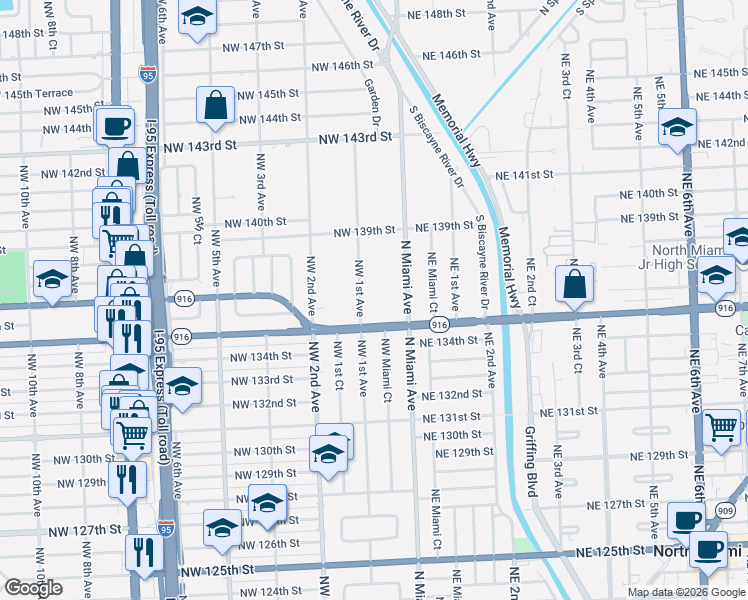 map of restaurants, bars, coffee shops, grocery stores, and more near 13641 Northwest 1st Avenue in Miami