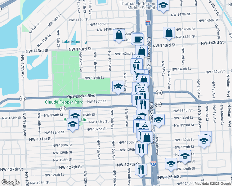 map of restaurants, bars, coffee shops, grocery stores, and more near 849 Northwest 137th Street in Miami
